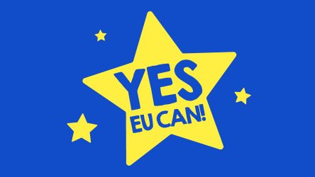Yes EU can! in einem gelben EU Stern ist der Slogan bzw. das Zeichen der Initiative Lieferkettengesetz von Germanwatch e.V.