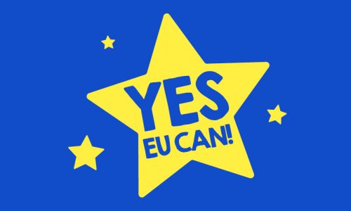 Yes EU can! in einem gelben EU Stern ist der Slogan bzw. das Zeichen der Initiative Lieferkettengesetz von Germanwatch e.V.